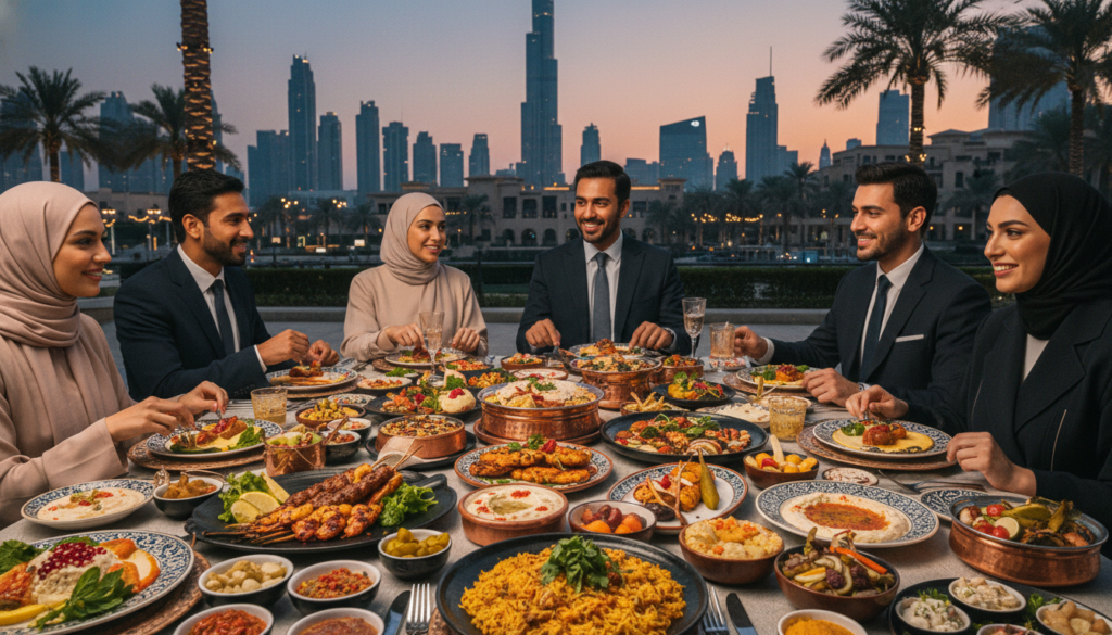 A beautifully arranged table showcasing a variety of Dubai's traditional and contemporary dishes. In the foreground, capture a lavish spread including aromatic spiced rice, tender kebabs, fresh seafood, and colorful mezze platters, all garnished with herbs and vibrant spices. The middle ground features elegantly dressed individuals in professional, modest attire, enjoying their dining experience with smiles, creating a warm, inviting atmosphere. The background showcases the stunning skyline of Dubai, with modern skyscrapers and palm trees, under a twilight sky illuminated by soft, cinematic lighting. Emphasize the rich textures of the food and the intricate designs of the tableware, all in stunning 8k resolution for clarity and detail, conveying a feeling of luxury and culinary delight. A beautifully arranged table showcasing a variety of Dubai's traditional and contemporary dishes. In the foreground, capture a lavish spread including aromatic spiced rice, tender kebabs, fresh seafood, and colorful mezze platters, all garnished with herbs and vibrant spices. The middle ground features elegantly dressed individuals in professional, modest attire, enjoying their dining experience with smiles, creating a warm, inviting atmosphere. The background showcases the stunning skyline of Dubai, with modern skyscrapers and palm trees, under a twilight sky illuminated by soft, cinematic lighting. Emphasize the rich textures of the food and the intricate designs of the tableware, all in stunning 8k resolution for clarity and detail, conveying a feeling of luxury and culinary delight.