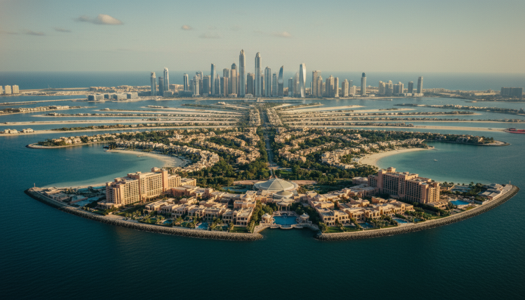 A breathtaking aerial view of Palm Jumeirah, showcasing its iconic palm tree shape surrounded by the azure waters of the Arabian Gulf. In the foreground, vibrant luxury beachfront resorts and villas are nestled along the shoreline, with intricate landscaping and pools visible from above. The middle ground highlights the distinctive layout of the palm fronds extending from the trunk, adorned with lush greenery. In the background, the stunning Dubai skyline rises, featuring a mix of modern skyscrapers under a clear blue sky. The scene is illuminated with warm, cinematic lighting, emphasizing the intricate textures of the buildings and foliage. Captured in 8k resolution, this image conveys an atmosphere of opulence, tranquility, and exotic allure, making it the perfect representation of an island paradise.