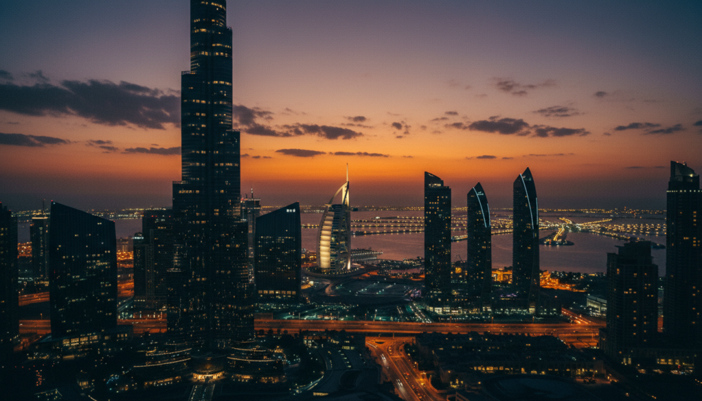 A breathtaking skyline view of iconic Dubai attractions at dusk, showcasing the Burj Khalifa soaring majestically in the foreground, its lights twinkling against the vibrant orange and purple hues of the sunset sky. The Burj Al Arab, designed like a sail, elegantly occupies the middle ground alongside modern skyscrapers like the Dubai Marina tower complex. In the background, the Palm Jumeirah extends into the sea, illuminated by sparkling lights. Capture this scene with a wide-angle lens to emphasize the grandeur of the skyline, while incorporating cinematic lighting to highlight the textures of the buildings. The atmosphere should feel dynamic and awe-inspiring, reflecting the allure of Dubai as a premier destination for sightseeing and landmark activities. The image should be in 8k resolution, ensuring high detail and clarity throughout.