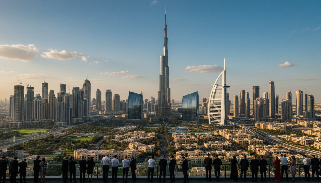 A breathtaking view of Dubai's iconic landmarks, prominently featuring the Burj Khalifa and the Burj Al Arab. In the foreground, a bustling observation deck filled with visitors in professional attire, gazing at the skyline. The middle ground showcases the vibrant cityscape with modern skyscrapers and lush green areas. The background captures a clear blue sky with soft white clouds, emphasizing the dazzling architecture. The image is illuminated with warm, cinematic lighting creating a vibrant atmosphere, with high contrast that highlights intricate textures of the buildings. The scene is captured from a slightly elevated angle, showcasing the grandeur of Dubai in stunning 8k resolution, inviting viewers to experience the allure of Dubai's attractions.