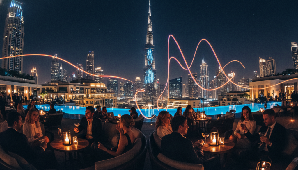 A breathtaking view of Dubai's skyline at night, showcasing luxurious rooftop bars nestled among the towering skyscrapers. In the foreground, elegant outdoor seating with dimly lit tables adorned with flickering candles, while patrons in stylish business attire enjoy cocktails. The middle layer features a vibrant, animated atmosphere with groups of friends laughing and mingling, ambient music visible in the air. In the background, the iconic Burj Khalifa and modern buildings are illuminated by dazzling lights, reflecting off nearby pools. The sky is a deep navy, filled with softly scattered stars. Captured in a cinematic style with warm, inviting lighting, showcasing highly detailed textures in 8k resolution to evoke an energetic nightlife mood. A breathtaking view of Dubai's skyline at night, showcasing luxurious rooftop bars nestled among the towering skyscrapers. In the foreground, elegant outdoor seating with dimly lit tables adorned with flickering candles, while patrons in stylish business attire enjoy cocktails. The middle layer features a vibrant, animated atmosphere with groups of friends laughing and mingling, ambient music visible in the air. In the background, the iconic Burj Khalifa and modern buildings are illuminated by dazzling lights, reflecting off nearby pools. The sky is a deep navy, filled with softly scattered stars. Captured in a cinematic style with warm, inviting lighting, showcasing highly detailed textures in 8k resolution to evoke an energetic nightlife mood.