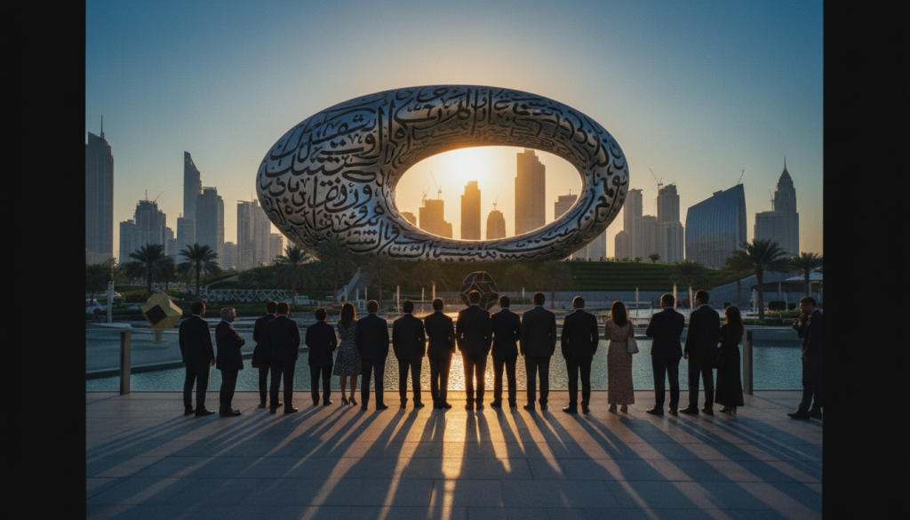 A breathtaking view of the Museum of the Future in Dubai, showcasing its iconic, futuristic architecture. In the foreground, a diverse group of visitors in professional business attire admires the unique design. The dynamic, flowing structure of the museum gleams under the warm glow of golden hour sunlight, casting elongated shadows on the surrounding landscape. In the middle ground, lush greenery and art installations enhance the scene, accentuating the museum’s blend of nature and technology. The background features Dubai's skyline, with skyscrapers reaching toward the sky, adding depth to the composition. The image has a cinematic quality, rich in detail and texture, captured in 8k resolution with soft yet striking lighting, evoking a sense of wonder and innovation.
