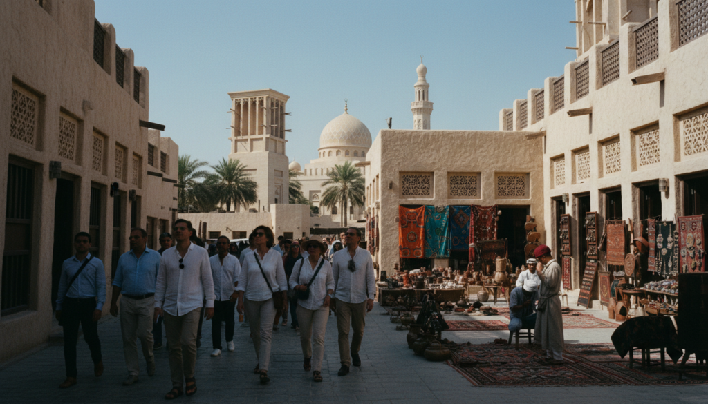 A captivating scene of the Al Fahidi Historical Neighborhood in Dubai, showcasing traditional wind-tower architecture and charming cobblestone streets. In the foreground, a diverse group of tourists in modest casual clothing strolls, admiring the intricate details of the historic buildings. In the middle ground, artisans showcase their crafts, with vibrant textiles and handmade souvenirs adding color to the scene. The background features an iconic Islamic-style mosque under a clear blue sky. The mood is lively yet serene, filled with cultural richness. Capture the essence in a raw photograph style with cinematic lighting, emphasizing highly detailed textures, in stunning 8k resolution. Aim for a slightly elevated angle to encompass the depth of the neighborhood. A captivating scene of the Al Fahidi Historical Neighborhood in Dubai, showcasing traditional wind-tower architecture and charming cobblestone streets. In the foreground, a diverse group of tourists in modest casual clothing strolls, admiring the intricate details of the historic buildings. In the middle ground, artisans showcase their crafts, with vibrant textiles and handmade souvenirs adding color to the scene. The background features an iconic Islamic-style mosque under a clear blue sky. The mood is lively yet serene, filled with cultural richness. Capture the essence in a raw photograph style with cinematic lighting, emphasizing highly detailed textures, in stunning 8k resolution. Aim for a slightly elevated angle to encompass the depth of the neighborhood.