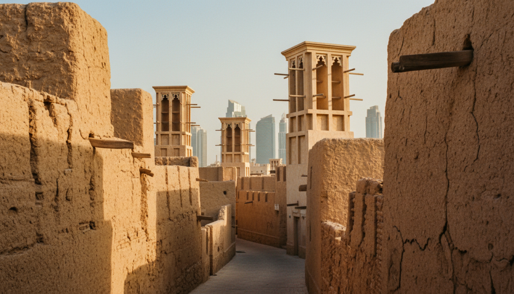 A captivating view of the Al Fahidi Historical Neighborhood, featuring traditional wind towers against a backdrop of sunlit, narrow, winding lanes. In the foreground, intricate details of the weathered adobe walls showcase their textures and colors. The middle ground highlights the elegant wind towers, rising majestically with ornate carvings. The background presents a glimpse of the distant skyline, blending modernity with history. The scene is illuminated by soft, cinematic lighting, emphasizing the time-worn surfaces while casting gentle shadows that enhance the depth. Capture this with an 8k resolution, using a wide-angle perspective to encompass the entire charm of the neighborhood. The atmosphere is peaceful and nostalgic, inviting viewers to explore the rich cultural heritage of Dubai.