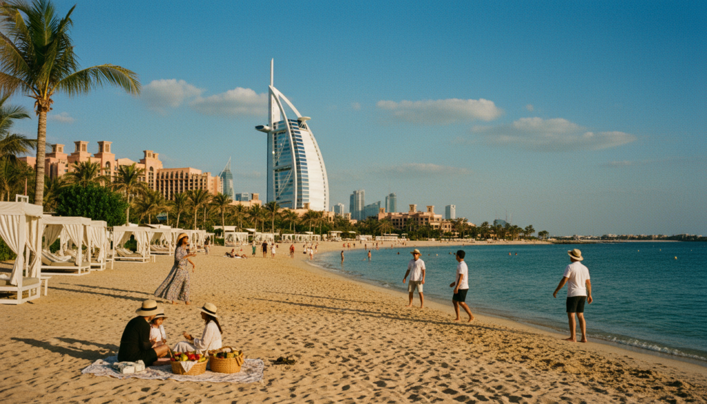 A panoramic view of the best beaches along the Arabian Gulf coastline in Dubai, showcasing soft golden sands and crystal-clear turquoise waters. In the foreground, graceful palm trees sway gently in the breeze, and beachgoers in modest casual clothing enjoy the sun, engaging in activities like beach volleyball and picnicking. The middle ground features luxurious beachfront resorts and elegant cabanas with hammocks, surrounded by lush greenery. In the background, iconic landmarks like the Burj Al Arab rise majestically against a bright blue sky dotted with fluffy white clouds. The scene is bathed in warm, inviting sunlight, highlighting the vibrant colors of the landscape, with a focus on highly detailed textures, captured in 8k resolution with cinematic lighting for a captivating image.
