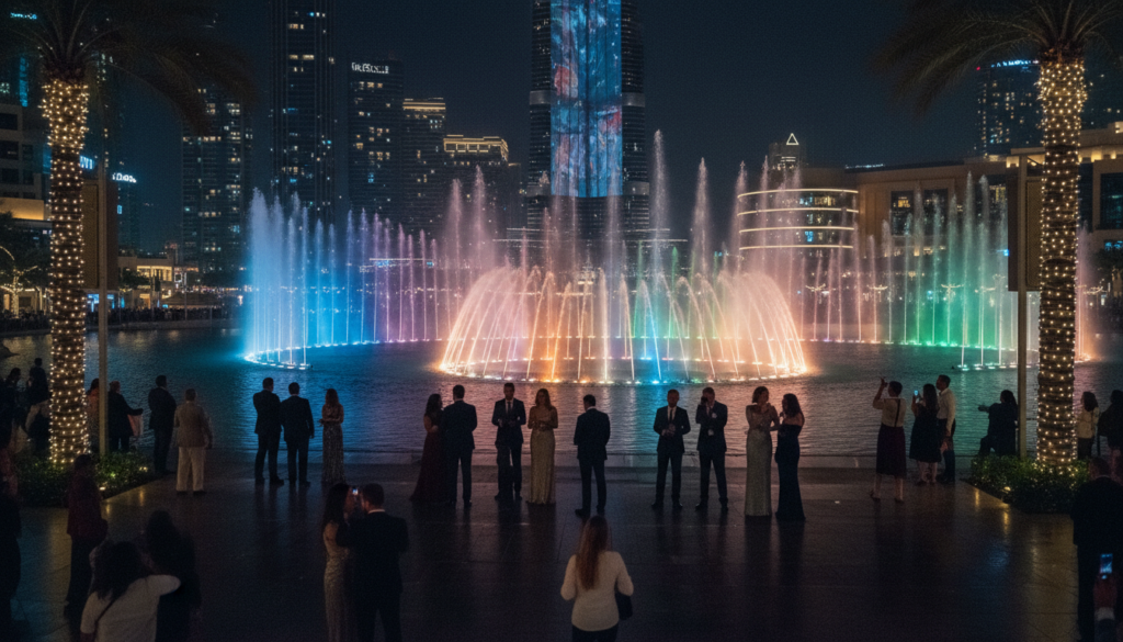A stunning nighttime scene of the Dubai Fountain waterlight show, captured from a vantage point overlooking the water. The foreground features vibrant water jets shooting high into the air, illuminated by colorful lights that create a dazzling display of hues against the night sky. In the middle, elegantly dressed spectators stand on the promenade, captivated by the spectacle, perfectly poised to appreciate the artistic choreography of water and light. The background showcases the iconic Burj Khalifa, towering majestically, adorned with soft lighting that enhances the city's skyline. The atmosphere is magical and festive, emphasizing the excitement of Dubai's nightlife. Capture this moment in a raw photograph style with cinematic lighting, highly detailed textures, and an impressive 8k resolution.