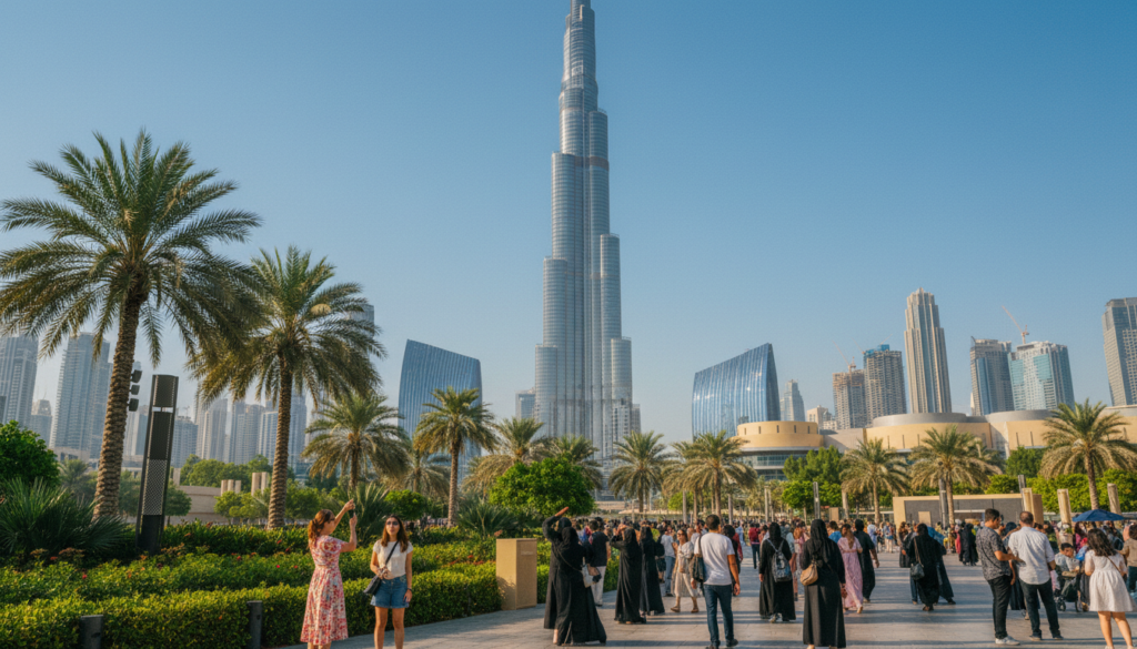 A stunning view of the Burj Khalifa towering majestically above the Dubai skyline, capturing its iconic silhouette against a clear blue sky. In the foreground, lush green gardens and palm trees bask in the warm sunlight, inviting tourists to explore the area. The middle ground features a bustling plaza filled with visitors in modest casual clothing, admiring the grandeur of the skyscraper. The background reveals a panorama of modern skyscrapers and architectural marvels, showcasing Dubai's urban charm. The scene is illuminated with soft, cinematic lighting that enhances the details of the buildings and the vibrancy of the city. Shot from a low angle to emphasize the height of the Burj Khalifa, this image conveys a sense of wonder and excitement, making it a perfect visual representation of a must-visit landmark. Captured in 8k resolution with highly detailed textures.