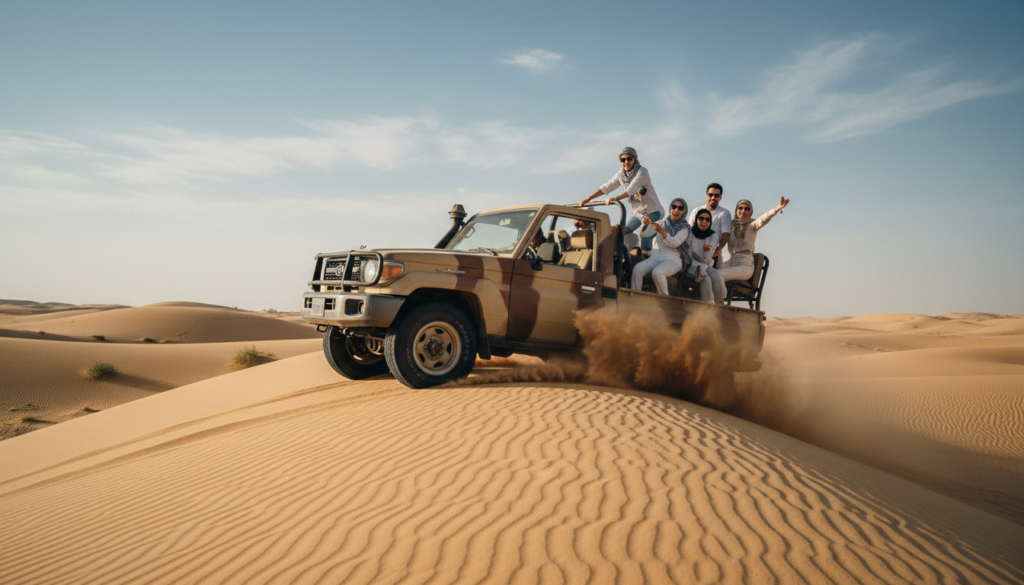 A thrilling dune bashing scene in Dubai, showcasing a powerful 4x4 vehicle speeding over a golden sand dune. In the foreground, the vehicle kicks up clouds of fine sand, capturing a sense of exhilaration and adventure. The middle ground features a group of excited tourists, dressed in modest casual clothing, laughing and enjoying the ride while holding onto their seats. In the background, endless rolling dunes stretch under a bright blue sky with wispy clouds, creating a contrast of vibrant colors. The scene is illuminated by warm, cinematic sunlight, with highly detailed textures in the sand and vehicle, all rendered in stunning 8k resolution to evoke a sense of adventure and the thrill of outdoor activities in Dubai.