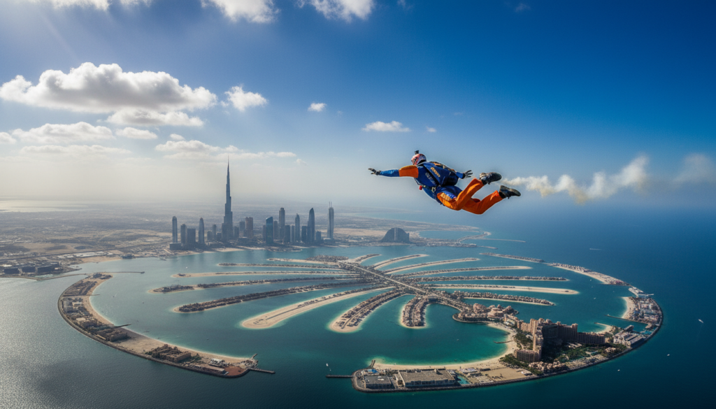 A thrilling skydiving scene over Dubai, showcasing the iconic palm-shaped island in the foreground. Capture a skydiver in vibrant, professional attire, gracefully descending through the clear blue sky, with a backdrop of Dubai's stunning skyline glinting in the sunlight. The middle ground features the sprawling palm island, intricately detailed with lush greenery and golden beaches, visible from above. Use cinematic lighting to enhance the dramatic atmosphere, with sun rays filtering through scattered clouds, creating dynamic shadows below. The composition should be shot from a slightly elevated angle, emphasizing the dramatic plunge of the skydiver while showcasing the grandeur of Dubai. Render in 8k resolution, focusing on highly detailed textures to bring the scene to life.