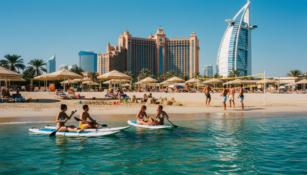 A vibrant Dubai beach scene along the coastline during a sunny day, showcasing diverse beach activities. In the foreground, groups of individuals enjoying paddleboarding and kayaking, dressed in modest beach attire and engaging in friendly conversation. The middle ground features families building sandcastles and friends playing beach volleyball, with colorful beach towels and umbrellas dotting the sandy shore. In the background, luxurious hotels and the iconic Burj Al Arab stand tall against a clear blue sky, reflecting in the calm turquoise waters. The scene is captured with cinematic lighting, highlighting the textures of the sandy beach and the waves. Shot in 8k resolution from a low angle, creating a lively and inviting atmosphere that emphasizes the excitement and joy of water and beach activities in Dubai. A vibrant Dubai beach scene along the coastline during a sunny day, showcasing diverse beach activities. In the foreground, groups of individuals enjoying paddleboarding and kayaking, dressed in modest beach attire and engaging in friendly conversation. The middle ground features families building sandcastles and friends playing beach volleyball, with colorful beach towels and umbrellas dotting the sandy shore. In the background, luxurious hotels and the iconic Burj Al Arab stand tall against a clear blue sky, reflecting in the calm turquoise waters. The scene is captured with cinematic lighting, highlighting the textures of the sandy beach and the waves. Shot in 8k resolution from a low angle, creating a lively and inviting atmosphere that emphasizes the excitement and joy of water and beach activities in Dubai.