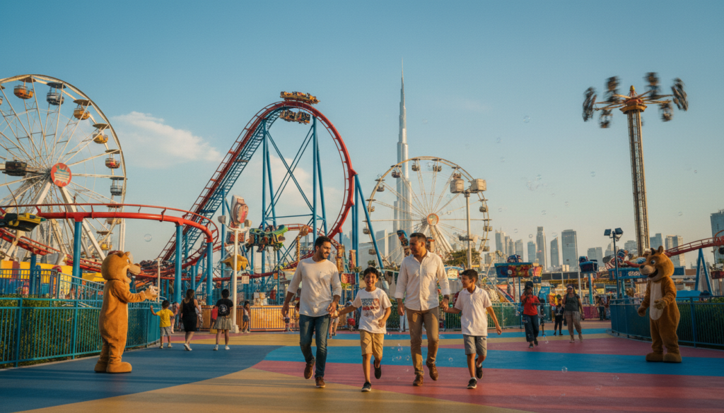 A vibrant and engaging scene showcasing family-friendly destinations in Dubai, with a focus on iconic theme parks. In the foreground, a family of four, dressed in modest, casual clothing, is joyfully exploring a colorful amusement park, surrounded by thrilling rides and attractions. The middle layer features a majestic roller coaster and other exciting rides, while interactive water features and lively characters enhance the atmosphere. The background displays the stunning skyline of Dubai, with the Burj Khalifa towering in the distance under a bright blue sky. The scene is illuminated with warm, cinematic lighting, capturing the excitement and joy of a family day out. The image is highly detailed, realistic, and shot at 8k resolution, creating a sense of wonder and adventure.