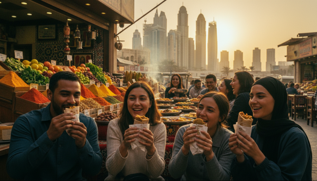A vibrant food tour in Dubai's traditional markets and restaurants, showcasing a bustling scene with colorful spices and fresh produce displayed in wooden stalls. In the foreground, a diverse group of four individuals in modest casual clothing eagerly sampling local dishes, such as shawarma and falafel, with smiles of delight. The middle ground features a busy restaurant with patrons enjoying their meals, surrounded by richly decorated wall art. In the background, iconic architecture of the Dubai skyline bathed in warm, golden sunset lighting illuminates the scene, creating a lively and inviting atmosphere. Capture this moment with a raw photograph feel, emphasizing highly detailed textures, in 8k resolution to enhance the colors and vibrancy of the culinary experience.