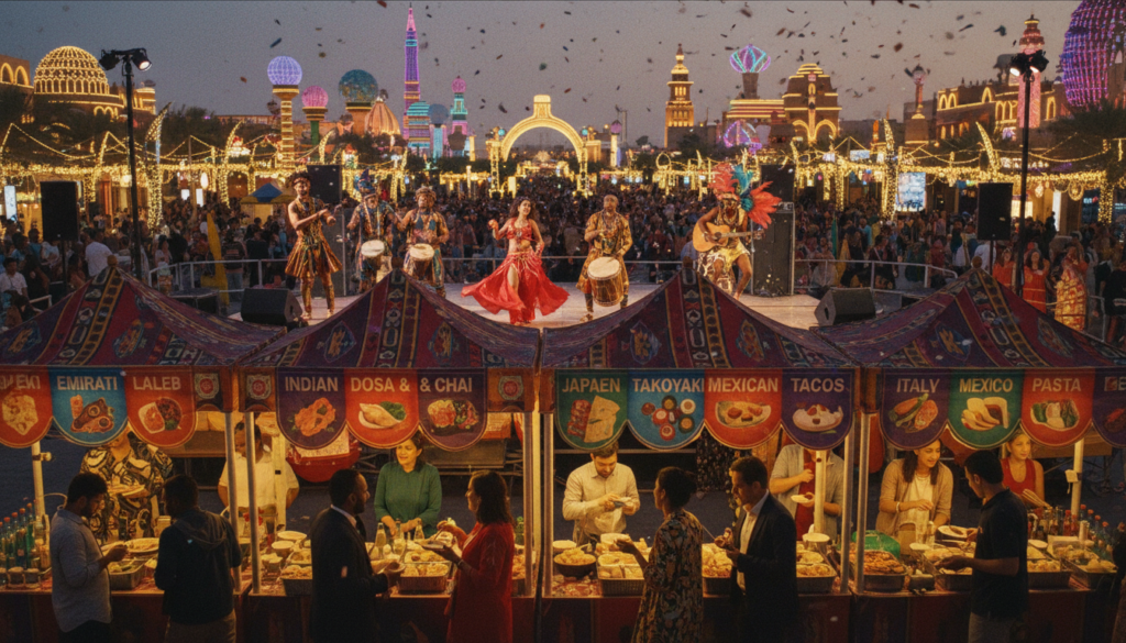A vibrant scene at Global Village, Dubai, showcasing multicultural food and entertainment. In the foreground, a variety of food stalls with colorful banners display traditional dishes from around the world, while visitors of diverse backgrounds enjoy tasting the cuisines. In the middle ground, entertainers perform on a stage, clad in colorful costumes, capturing the essence of different cultures. The background features the iconic illuminated architecture of Global Village, with bustling crowds and festive decorations. The atmosphere is lively, with warm, cinematic lighting casting a golden hue over the scene, enhancing the feeling of celebration. The image is highly detailed with rich textures, captured in 8k resolution, evoking a sense of joy and community.