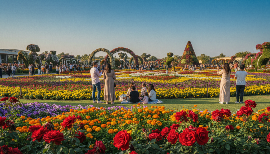 A vibrant scene at the Dubai Miracle Garden during peak bloom, showcasing an expanse of colorful, intricately arranged flowers forming stunning displays and patterns. In the foreground, detailed close-ups of various blossoms, including roses, marigolds, and petunias, glistening under soft, warm sunlight. The middle ground features families enjoying the garden, dressed in modest casual clothing, engaging in seasonal activities like picnicking and taking photos. In the background, majestic floral structures and art installations, such as flower-covered arches and whimsical sculptures, under a clear blue sky. The atmosphere is joyful and lively, with golden hour lighting enhancing the vivid colors. Raw photograph style, featuring highly detailed textures in 8k resolution.