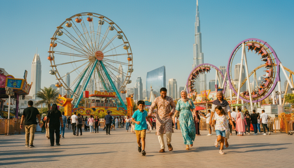A vibrant scene capturing a diverse family enjoying a day at a theme park in Dubai. In the foreground, a smiling multicultural family of four, including two children, engage in playful activities, dressed in modest casual clothing. The middle ground features an array of colorful amusement rides, with joyful visitors experiencing thrilling attractions. In the background, the iconic skyline of Dubai is visible, showcasing modern architecture under a clear blue sky. The scene is illuminated with warm, cinematic lighting, creating a lively atmosphere filled with excitement and laughter. The image should be highly detailed, with textures that emphasize the joyful expressions of the family and the vibrant colors of the park. The composition is in 8k resolution, capturing the essence of family-friendly fun. A vibrant scene capturing a diverse family enjoying a day at a theme park in Dubai. In the foreground, a smiling multicultural family of four, including two children, engage in playful activities, dressed in modest casual clothing. The middle ground features an array of colorful amusement rides, with joyful visitors experiencing thrilling attractions. In the background, the iconic skyline of Dubai is visible, showcasing modern architecture under a clear blue sky. The scene is illuminated with warm, cinematic lighting, creating a lively atmosphere filled with excitement and laughter. The image should be highly detailed, with textures that emphasize the joyful expressions of the family and the vibrant colors of the park. The composition is in 8k resolution, capturing the essence of family-friendly fun.