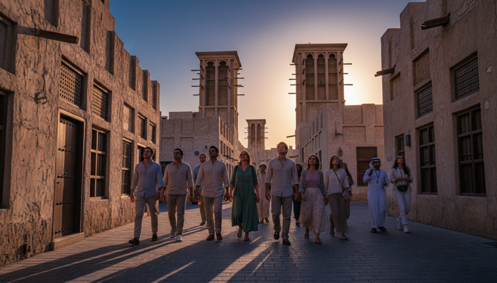A vibrant scene capturing a guided tour through the historic Al Fahidi neighbourhood, showcasing traditional wind towers that rise majestically against a clear blue sky. In the foreground, a diverse group of tourists in modest casual clothing explores the narrow, winding alleyways, their faces reflecting curiosity and admiration. The middle ground features intricately designed buildings made of coral stone and plaster, displaying authentic Emirati architecture with ornate wooden doors and intricate latticework. The background reveals a glimpse of the sun setting, casting warm, golden hues that create a cinematic mood. The image should be richly textured, with natural lighting enhancing the details and colors, rendered in 8k resolution for clarity and depth.