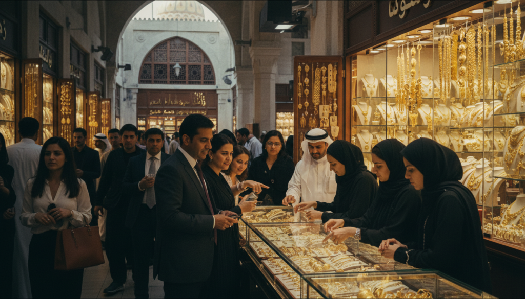 A vibrant scene capturing the bustling activities at the Gold Souk in Dubai. In the foreground, a diverse group of shoppers, including men and women in professional business attire and modest casual clothing, browse through intricately designed gold jewelry and ornate accessories displayed in elegant stalls. In the middle ground, traditional market stalls adorned with shimmering gold items gleam under warm, ambient lighting. The background features the stunning arched architecture of the souk, with intricate details and rich textures visible. Cinematic lighting highlights the gold's brilliance and creates a lively, inviting atmosphere. The image is shot at eye level with an 8k resolution, focusing on the textures of the jewelry and the expressions of the shoppers as they mingle and revel in the shopping experience.