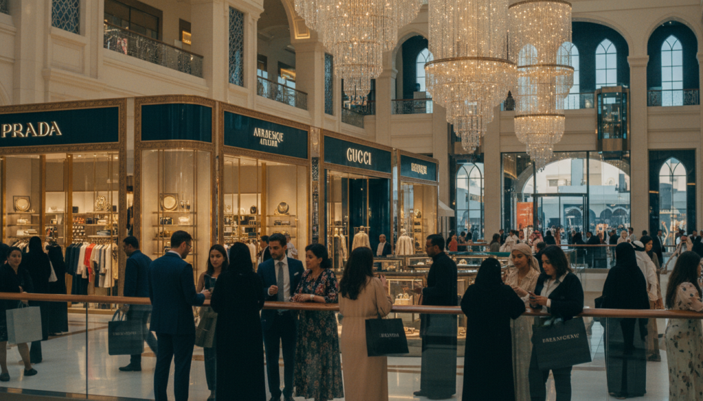 A vibrant scene capturing the luxurious shopping experience in one of Dubai's best malls. In the foreground, a diverse group of shoppers, dressed in professional business attire and modest casual clothing, engage in lively conversation while examining high-end boutiques. The middle ground features stunning storefronts with elaborate window displays showcasing designer brands and unique artisanal goods. The background reveals an intricate architectural design of the mall, with soaring ceilings and cascading chandeliers, bathed in warm cinematic lighting. The overall atmosphere is bustling yet sophisticated, reflecting the excitement of shopping in Dubai's opulent environment. The image is highly detailed, showcasing rich textures and colors, rendered in stunning 8k resolution. A vibrant scene capturing the luxurious shopping experience in one of Dubai's best malls. In the foreground, a diverse group of shoppers, dressed in professional business attire and modest casual clothing, engage in lively conversation while examining high-end boutiques. The middle ground features stunning storefronts with elaborate window displays showcasing designer brands and unique artisanal goods. The background reveals an intricate architectural design of the mall, with soaring ceilings and cascading chandeliers, bathed in warm cinematic lighting. The overall atmosphere is bustling yet sophisticated, reflecting the excitement of shopping in Dubai's opulent environment. The image is highly detailed, showcasing rich textures and colors, rendered in stunning 8k resolution.