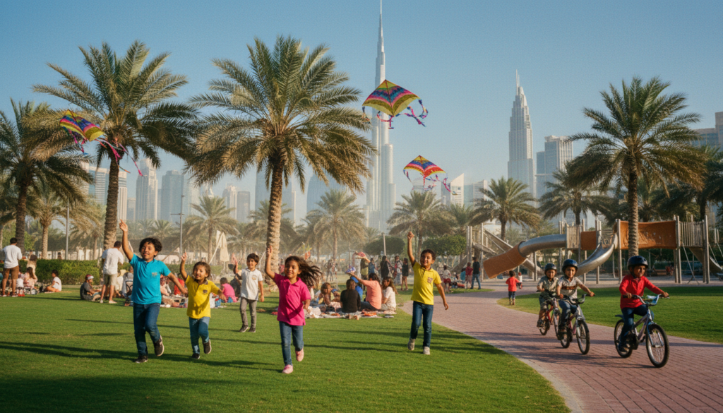 A vibrant scene depicting children engaging in fun activities in Dubai, showcasing a bustling family-friendly park. In the foreground, a diverse group of kids, dressed in colorful casual clothing, joyfully play with kites, while others ride bicycles on a paved path. In the middle ground, families picnic under palm trees, with a backdrop of captivating modern architecture and the Burj Khalifa towering in the distance. The atmosphere is lively and cheerful, filled with warm sunlight casting playful shadows. Use cinematic lighting to enhance the textures of the surroundings, capturing the essence of a joyful day out. The image should be in 8k resolution, featuring realistic details and a sense of wonder and adventure.