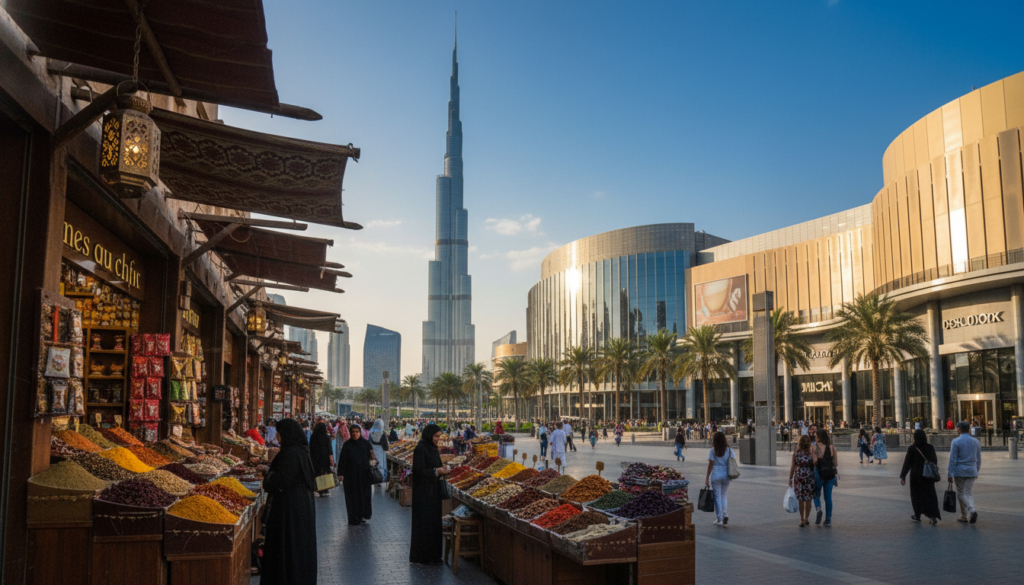 A vibrant scene showcasing the bustling shopping destinations in Dubai, capturing both traditional souks and modern shopping malls. In the foreground, an ornate spice market filled with colorful spices and textiles, with shoppers in modest casual clothing browsing the stalls. In the middle ground, the impressive architecture of the Dubai Mall looms, featuring large glass facades and luxurious storefronts. The background displays the iconic Burj Khalifa towering against a clear blue sky. Use cinematic lighting to enhance the details, creating dramatic contrasts and highlighting the textures of fabrics and goods. The composition should evoke a sense of excitement and cultural richness, perfect for a tourist destination. Render in 8k resolution for highly detailed textures.