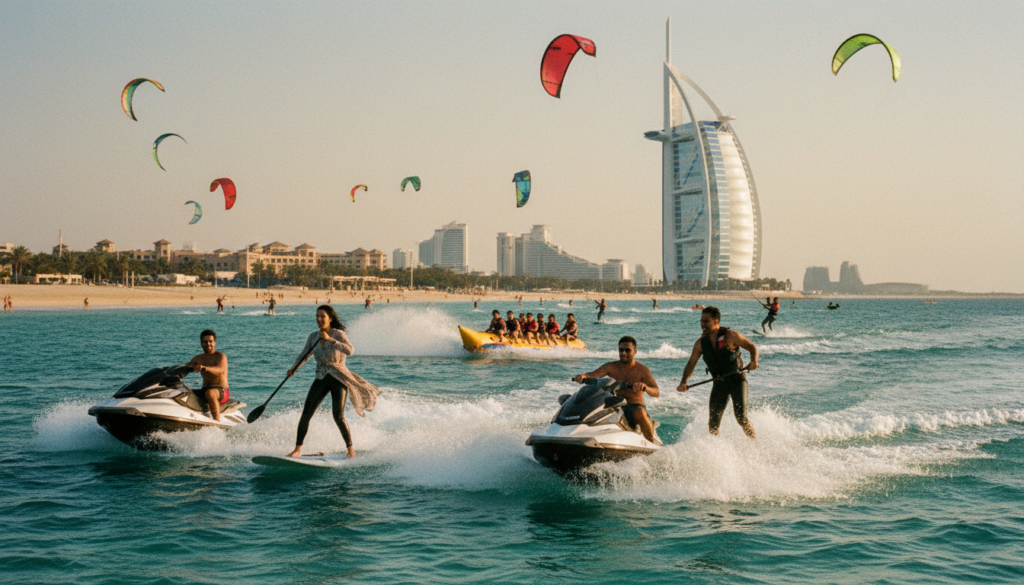 A vivid scene of water sports at Jumeirah Beach, Dubai, capturing the lively atmosphere and thrilling activities. In the foreground, a diverse group of people, dressed in modest casual clothing, enjoy jet skiing and paddleboarding. In the middle ground, colorful kites soar in the sky, while some participants engage in banana boat rides, showcasing dynamic splashes of water. The background features the iconic Burj Al Arab and luxurious beachfront hotels, with soft golden sand stretching along the azure waters. The scene is illuminated by warm, cinematic lighting, creating a vibrant and inviting mood. Shot in ultra-detailed 8k resolution, highlighting the textures of the water and the excitement of the activities.