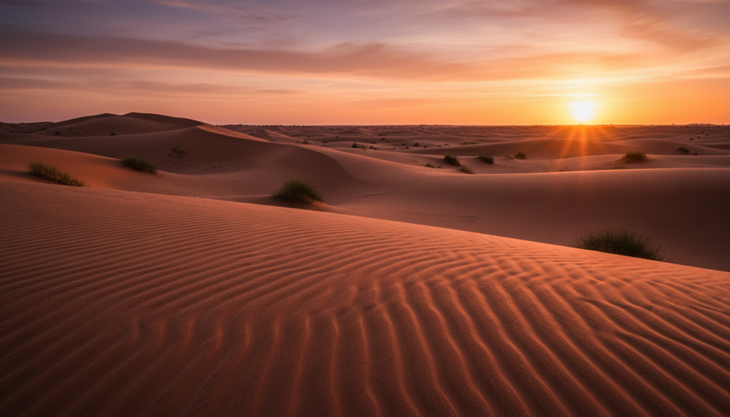Lahbab red sand desert dunes stretch across the foreground, their rippled textures highlighted by the warm glow of a stunning sunset. The sky is a breathtaking mixture of oranges, pinks, and purples, casting dramatic shadows across the dunes. In the middle ground, gentle hills of sand rise and fall, framing the scene, while a few sparse desert plants add occasional splashes of green. In the background, a distant horizon meets the sky, where the last rays of sunlight twinkle. The image is captured in high resolution with a cinematic lighting style, evoking a serene and tranquil atmosphere. The composition focuses on the natural beauty and vastness of the desert landscape, inviting the viewer to experience the peaceful allure of this stunning destination.