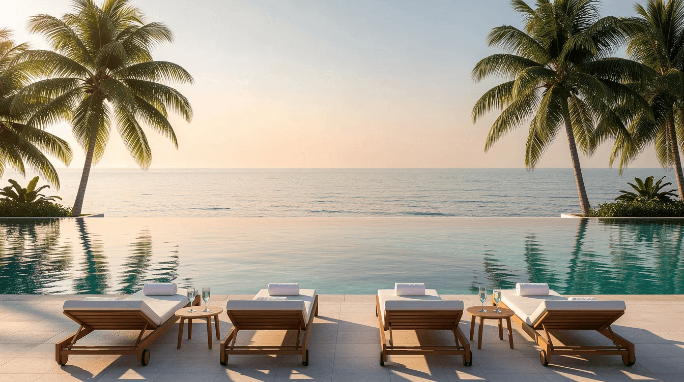 A luxurious beachfront pool surrounded by comfortable loungers and tall palm trees, with the calm blue waters of the Arabian Gulf and a stunning city skyline in the background, offering a perfect spot for relaxation in Dubai. This picturesque scene embodies the essence of high-end hotels and resorts in the area, making it an ideal location for families and friends to enjoy their time in the sun.